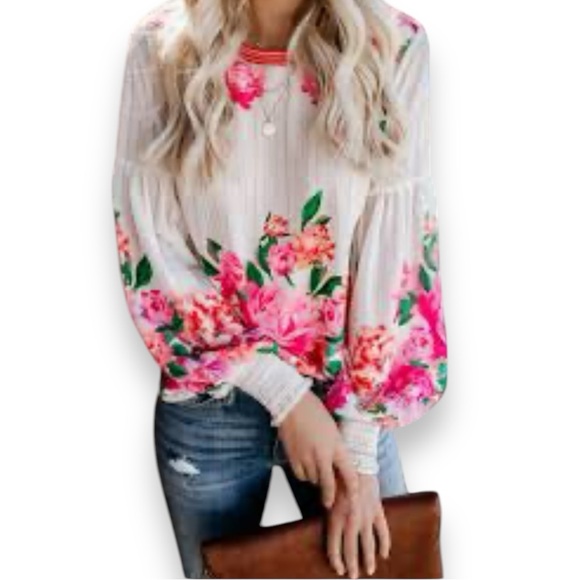 VICI Valencia Rose Printed White Pink Boho Balloon Sleeve Blouse Small | EUC - Picture 9 of 9